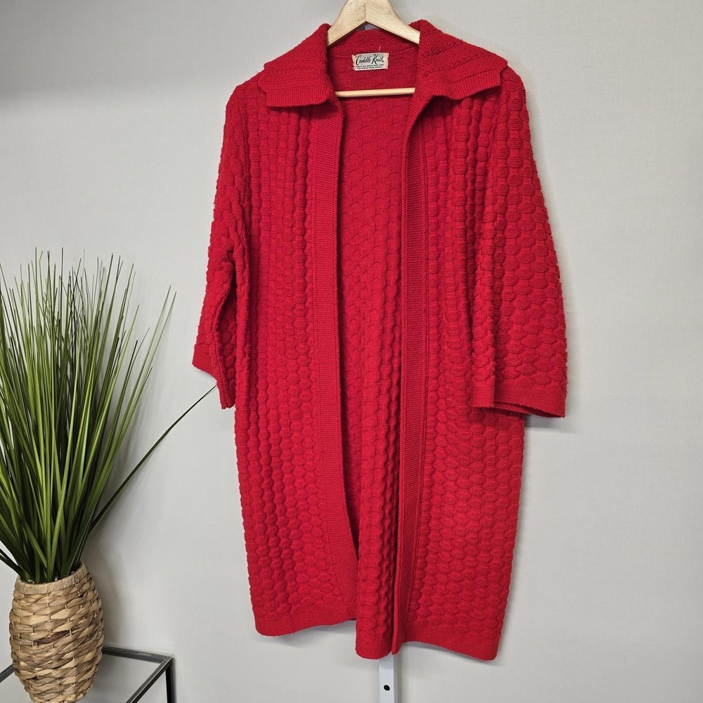 Vintage Cuddle Knit Red Popcorn Knit Longline Cardigan Duster Orlon Acrylic 70s